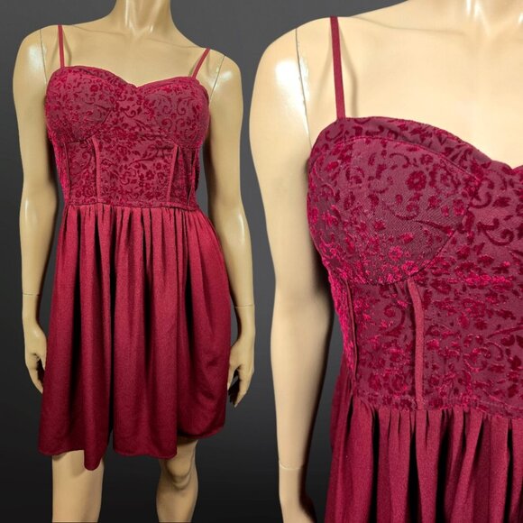 Y2K Fit Flare Whimsigoth Dress M Burgundy Flocked Velvet Corset Mini Pockets - Picture 1 of 10